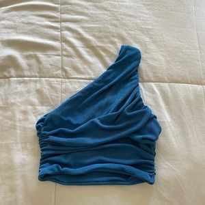 One shoulder shimmery blue going out top